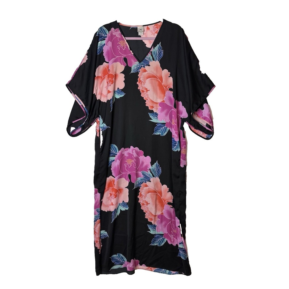 Natori Floral Kimono Kaftan Maxi Dress Sz M Satin Lounge Dark Floral Pockets